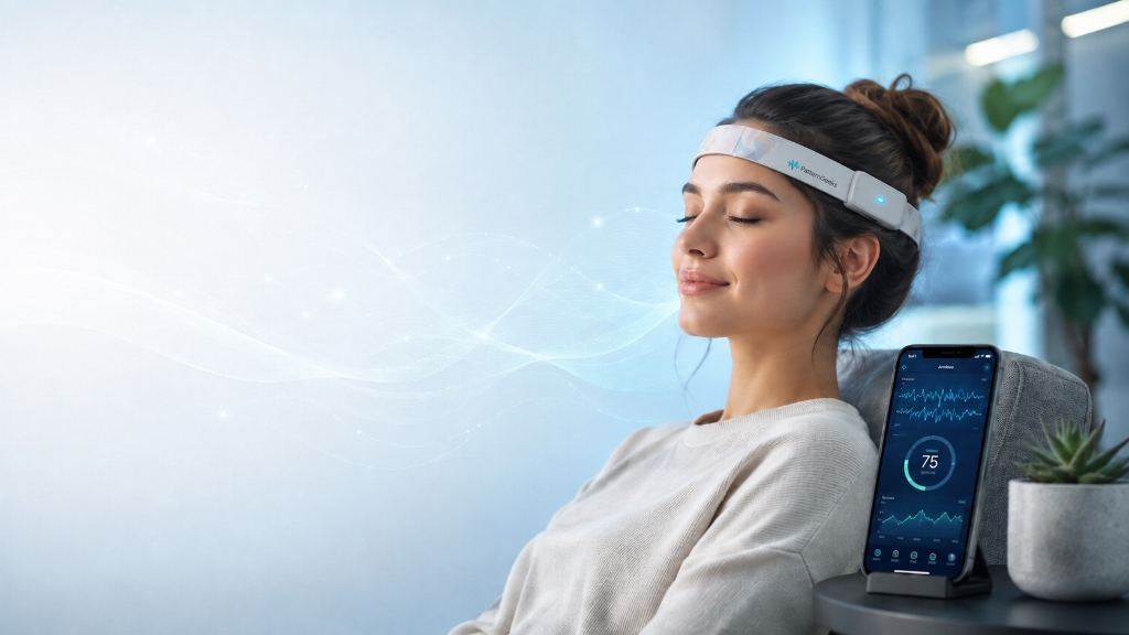 Woman relaxing while wearing PatternGeeks headband with mobile app